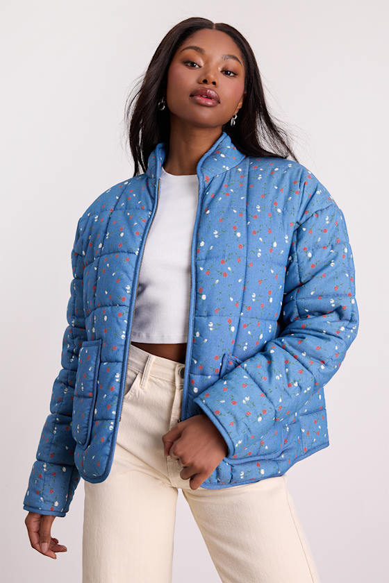 Bundled Perfection Bright Blue Floral Quilted Puffer Jacket