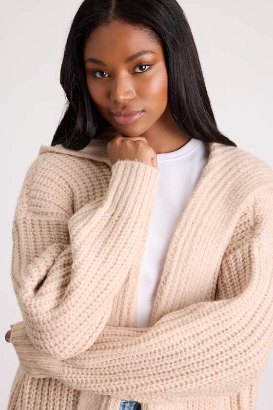 Nalina Beige Chunky Knit Open-Front Duster Cardigan