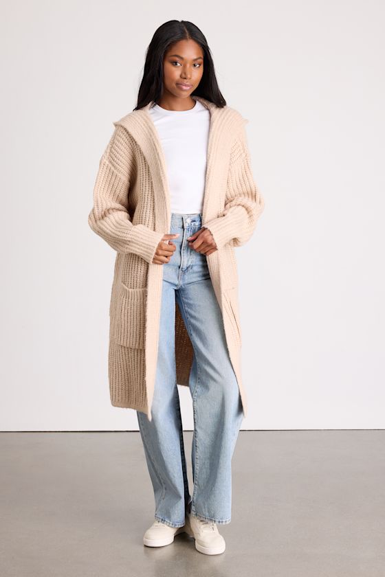 Nalina Beige Chunky Knit Open-Front Duster Cardigan
