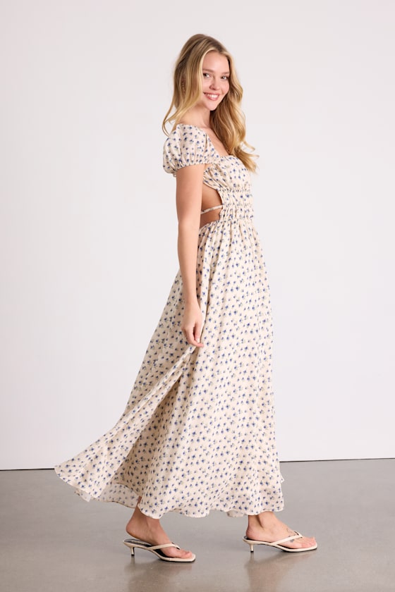 Wanda Ivory Ditsy Floral Tie-Back Puff Sleeve Maxi Dress