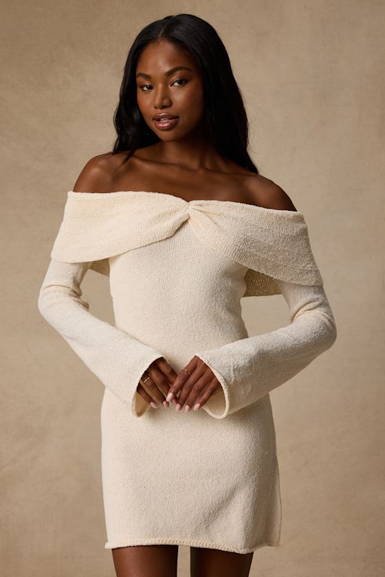 Pemryn Cream Off-the-Shoulder Mini Sweater Dress