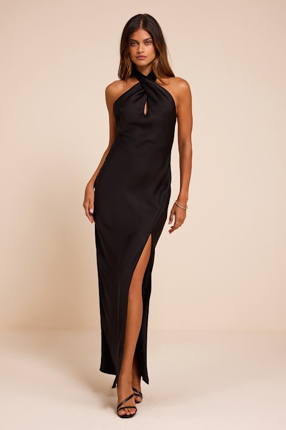 Daney Black Satin Cross-Front Halter Maxi Dress