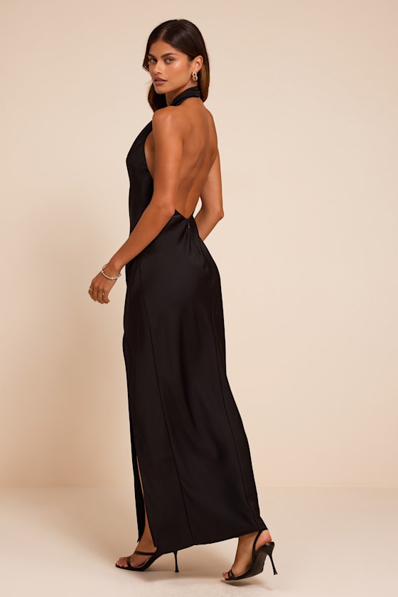 Daney Black Satin Cross-Front Halter Maxi Dress