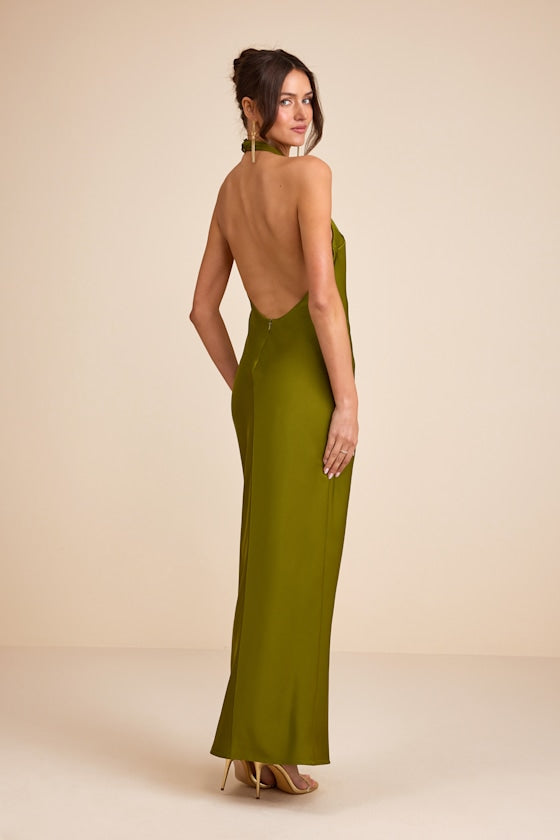Daney Olive Green Satin Cross-Front Halter Maxi Dress