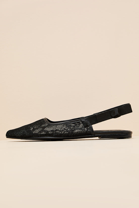 Brianna Black Lace Pointed-Toe Slingback Flats