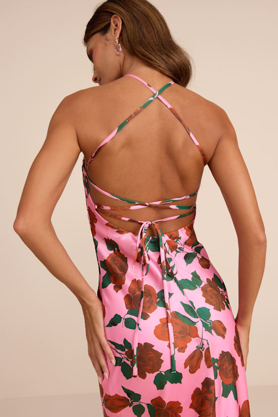 Malito Pink Rose Print Satin Lace-Up Maxi Dress