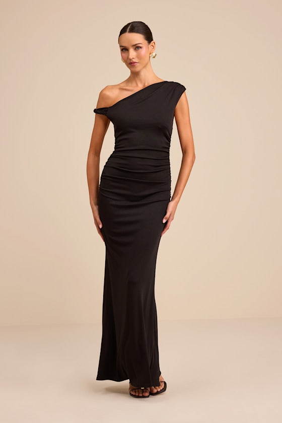 Oriella Black Asymmetrical Ruched Mermaid Maxi Dress