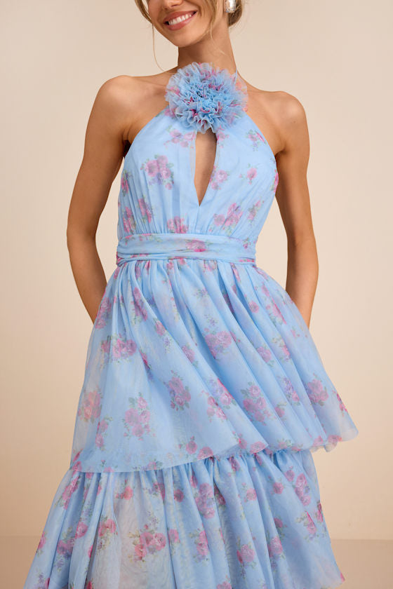 Charmian Light Blue Floral Tulle Tiered Maxi Dress