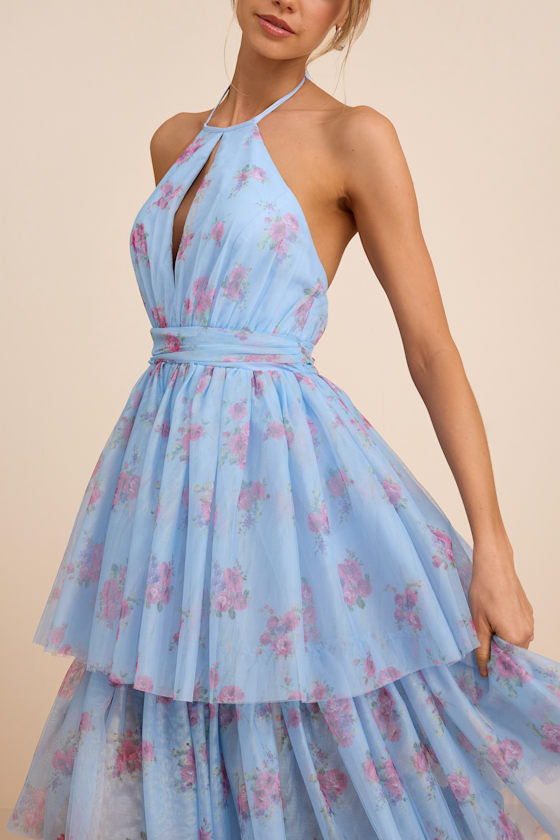 Charmian Light Blue Floral Tulle Tiered Maxi Dress
