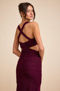 Prestige Plum Mesh Ruched Mermaid Maxi Dress