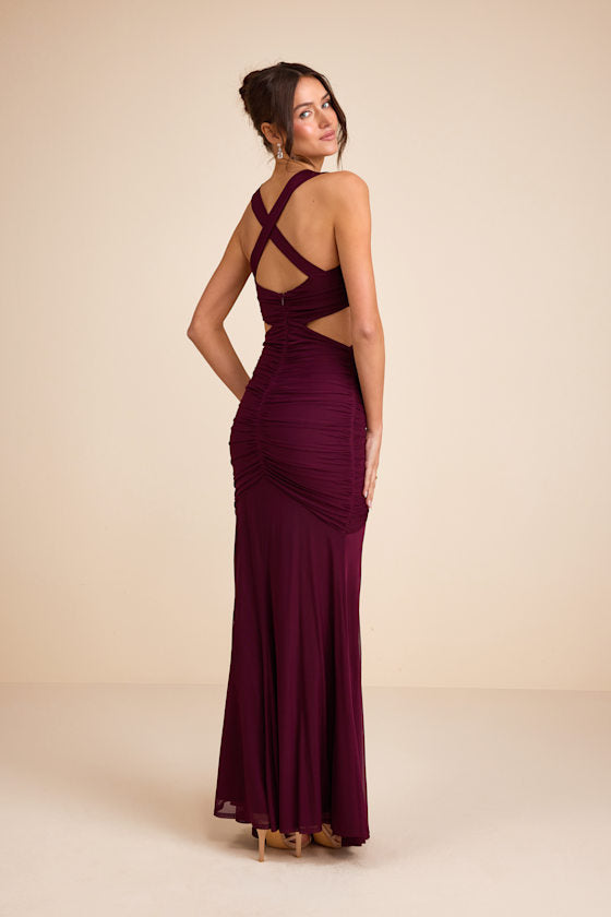 Prestige Plum Mesh Ruched Mermaid Maxi Dress
