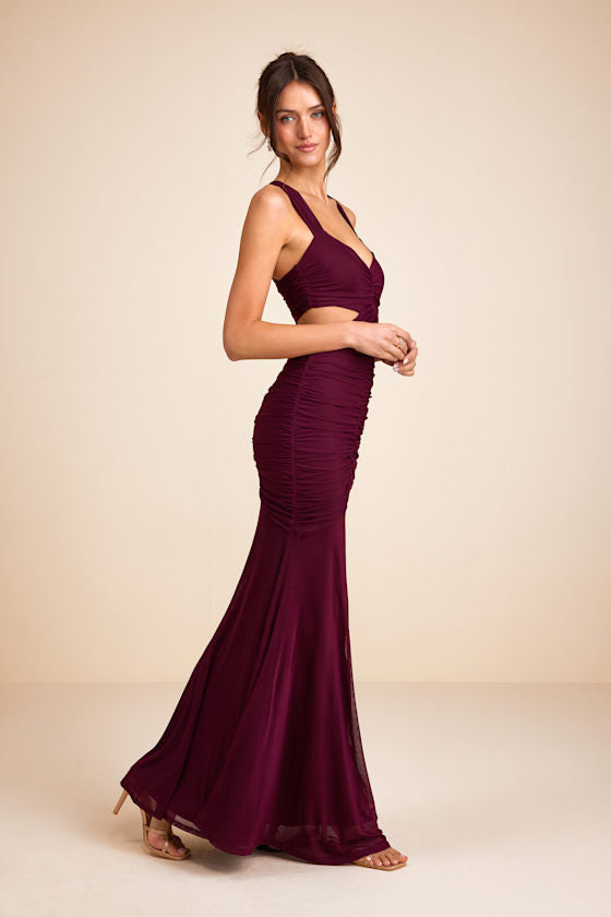 Prestige Plum Mesh Ruched Mermaid Maxi Dress