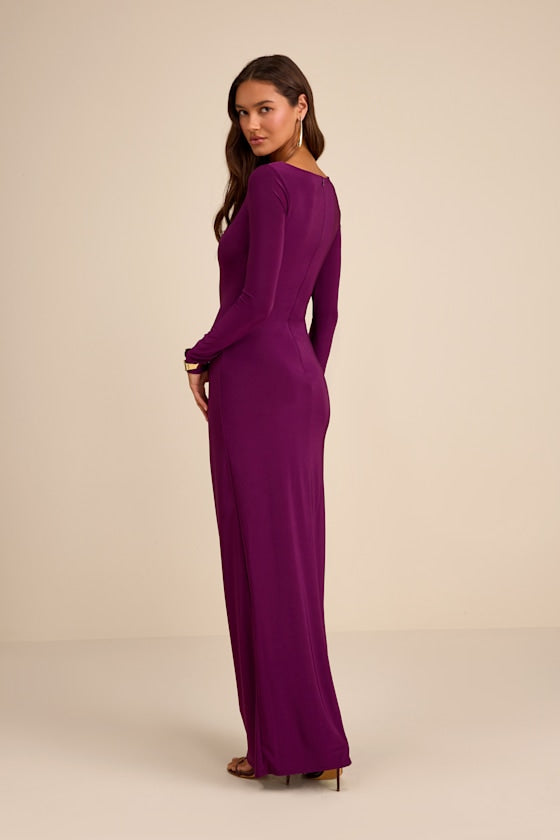 Dion Plum Purple Jersey Knit Long Sleeve Maxi Dress