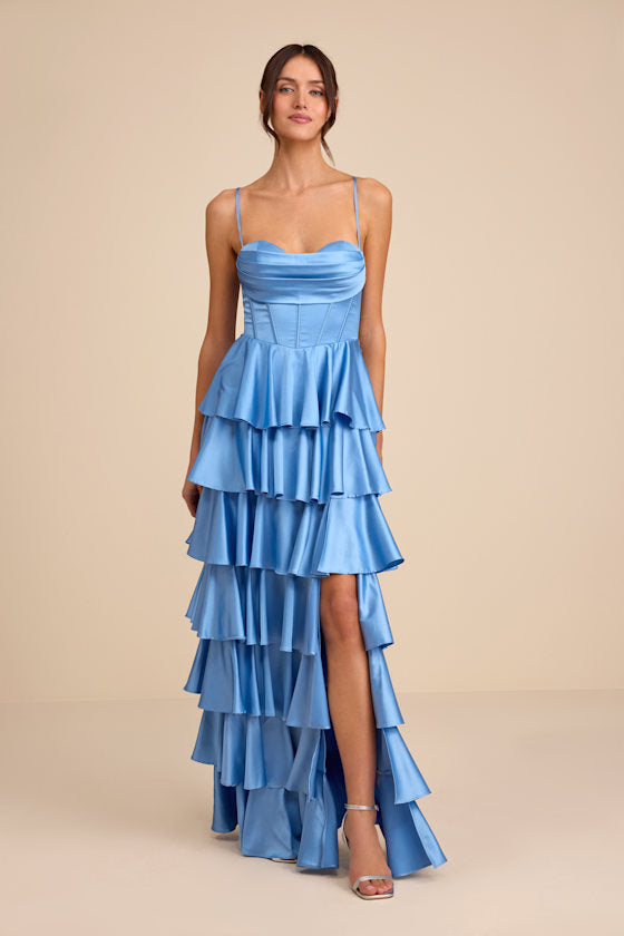 Arletta Light Blue Satin Bustier Tiered Maxi Dress