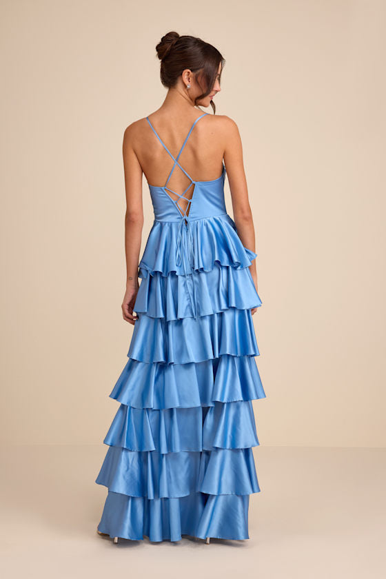 Arletta Light Blue Satin Bustier Tiered Maxi Dress