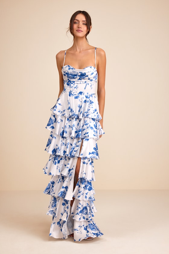 Arletta White and Blue Floral Satin Bustier Tiered Maxi Dress