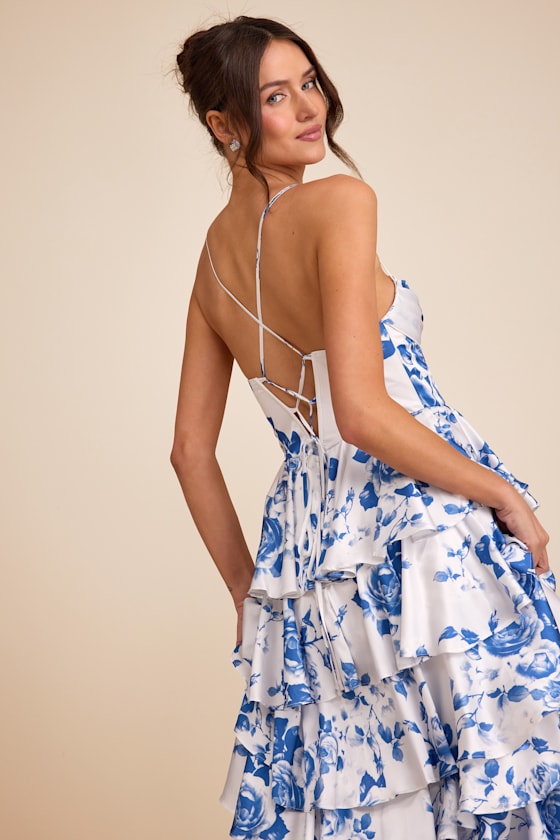 Arletta White and Blue Floral Satin Bustier Tiered Maxi Dress