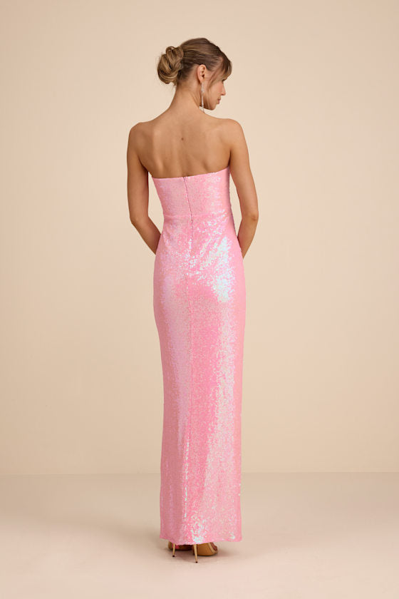 Pernella Pink Sequin Strapless Twist-Front Maxi Dress