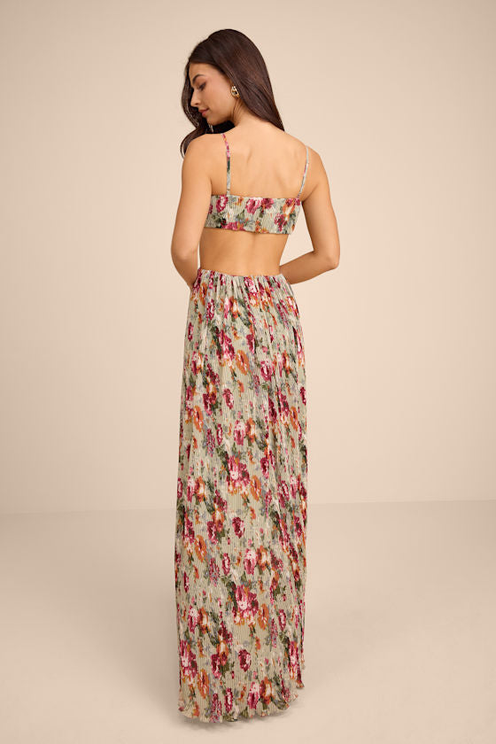 Alara Sage Floral Pleated Cutout Maxi Dress
