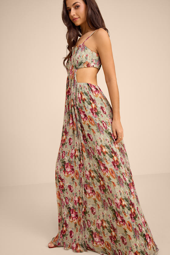 Alara Sage Floral Pleated Cutout Maxi Dress