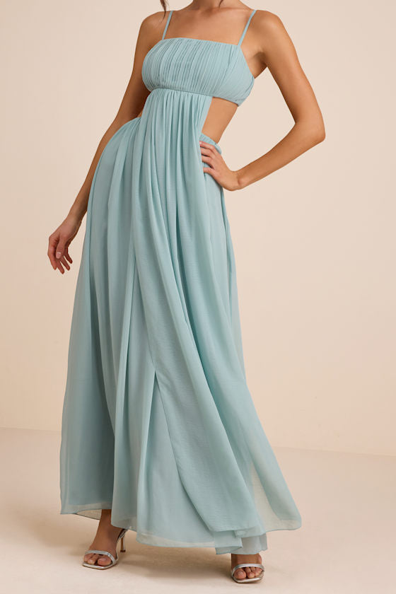 Adara Light Blue Pleated Cutout Maxi Dress