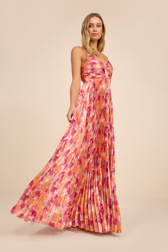 Dreaming in Color Pink Abstract V-Neck Pleated Satin Maxi Dress