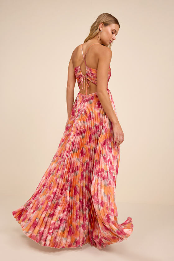 Dreaming in Color Pink Abstract V-Neck Pleated Satin Maxi Dress