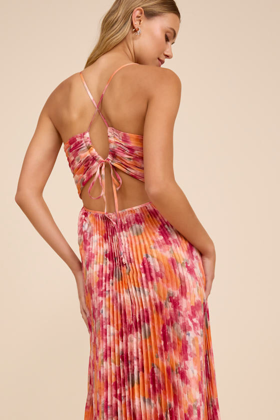 Dreaming in Color Pink Abstract V-Neck Pleated Satin Maxi Dress