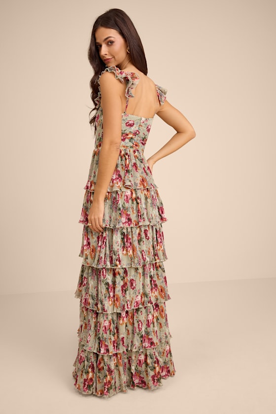 Alba Sage Floral Ruffled Tiered Maxi Dress