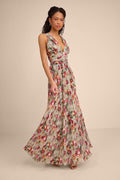 Leora Sage Floral Pleated Tiered Maxi Dress