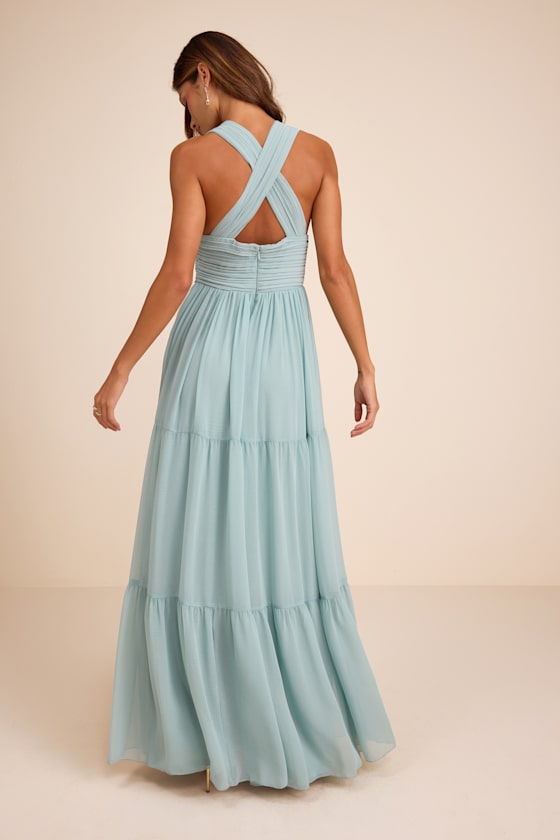 Leora Light Blue Pleated Tiered Maxi Dress
