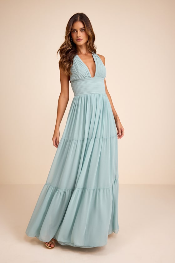 Leora Light Blue Pleated Tiered Maxi Dress