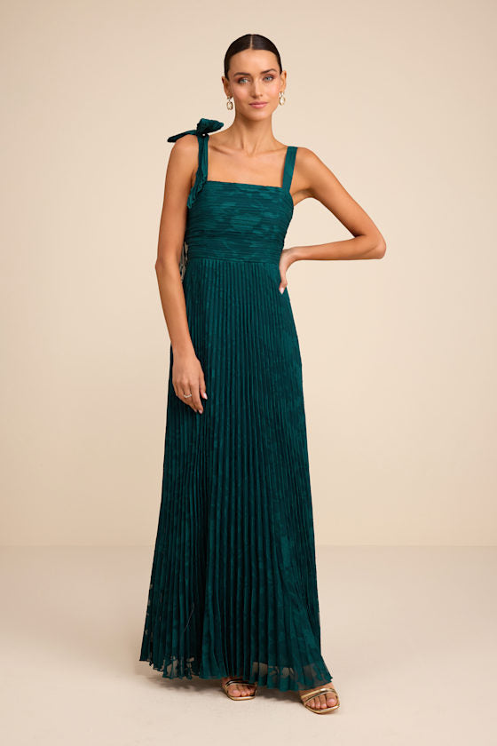 Nyssa Emerald Floral Burnout Pleated Maxi Dress