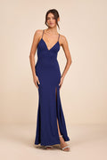 Ronelle Dark Blue Slinky Knit Lace-Up Maxi Dress