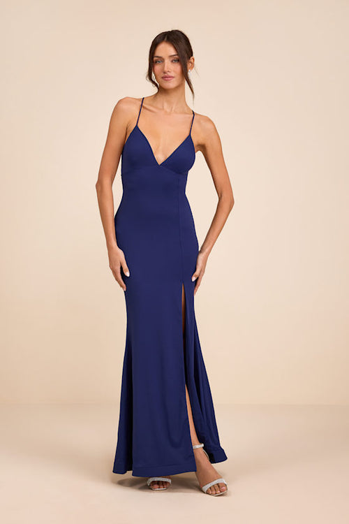 Ronelle Dark Blue Slinky Knit Lace-Up Maxi Dress