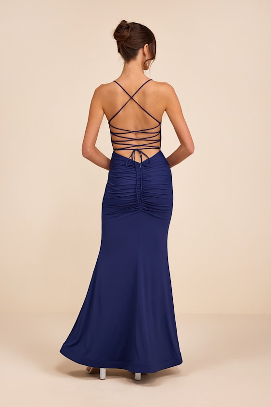Ronelle Dark Blue Slinky Knit Lace-Up Maxi Dress