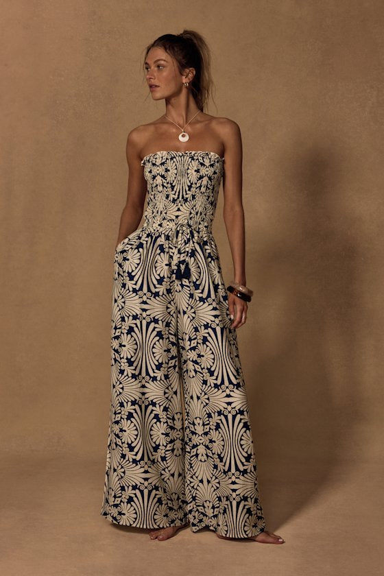 Indie Navy and Ivory Boho Print Wide-Leg Jumpsuit