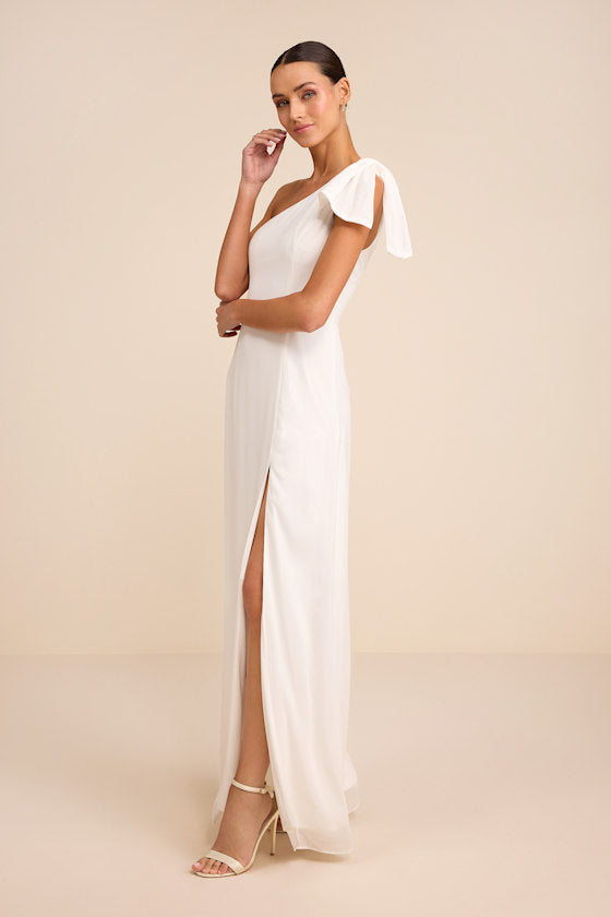Simply Brilliant White One-Shoulder Bow Maxi Dress