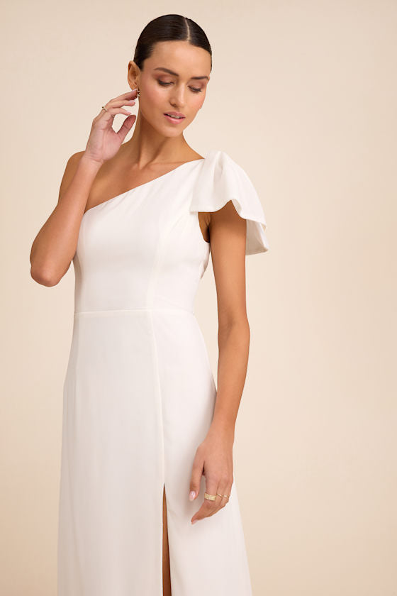 Simply Brilliant White One-Shoulder Bow Maxi Dress