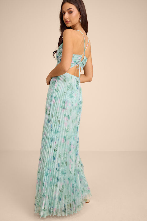 Whitley Mint Green Floral Pleated Sleeveless Maxi Dress