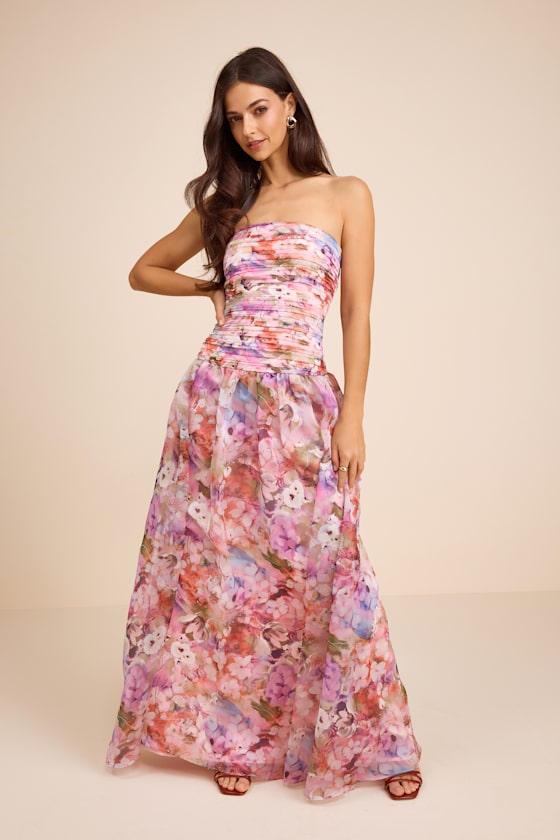 Kasandra Pink Multi Floral Organza Drop Waist Maxi Dress