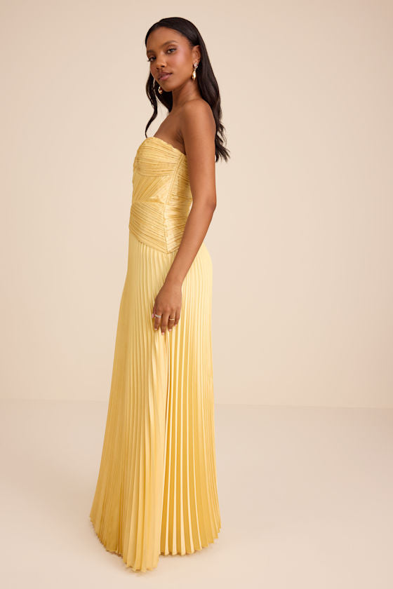 Elkay Yellow Pleated Satin Drop Waist Maxi Dress