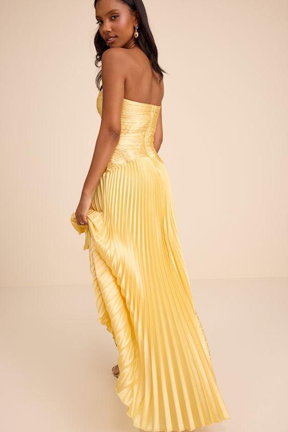 Elkay Yellow Pleated Satin Drop Waist Maxi Dress