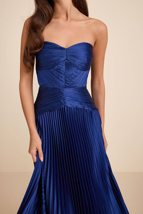 Elkay Navy Blue Pleated Satin Drop Waist Maxi Dress