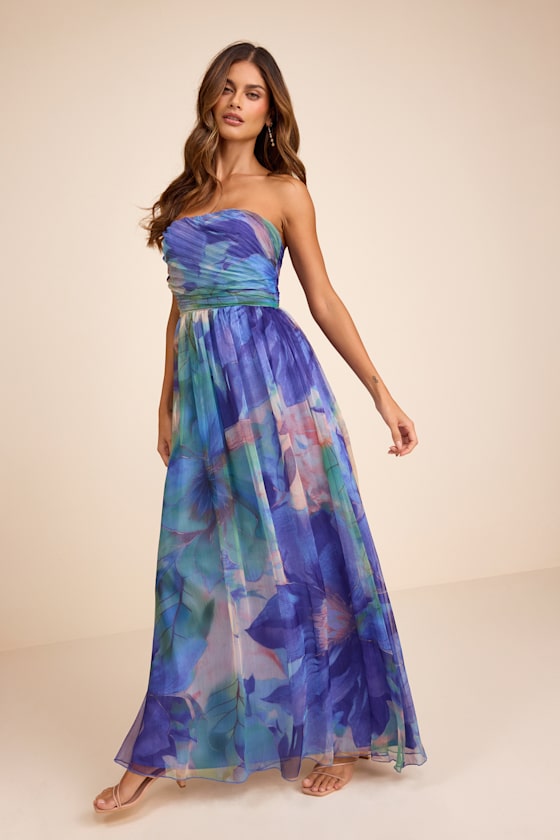 Galilea Blue Multi Floral Strapless Maxi Dress