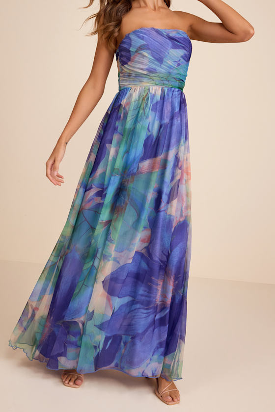 Galilea Blue Multi Floral Strapless Maxi Dress