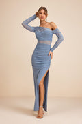 Lucena Slate Blue Mesh Asymmetrical Maxi Dress