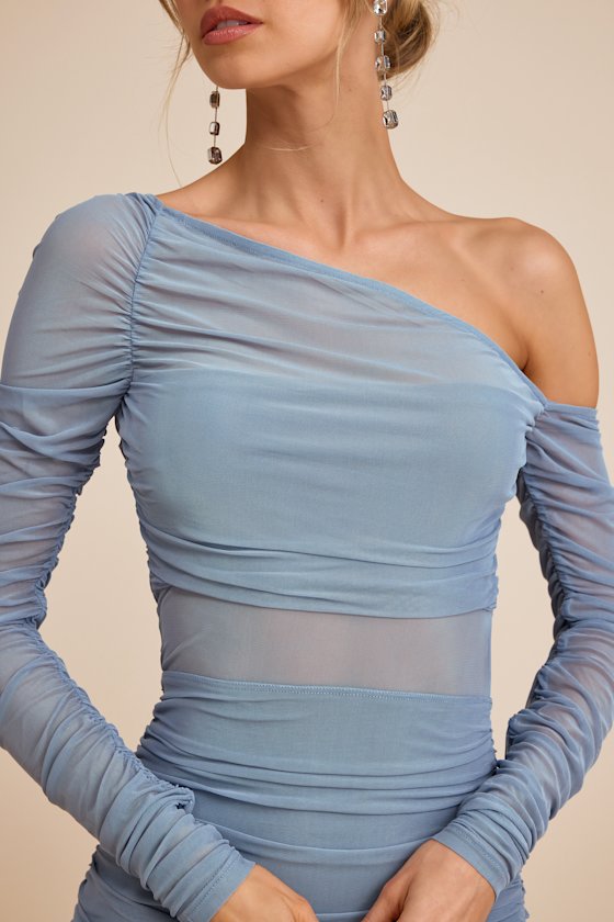 Lucena Slate Blue Mesh Asymmetrical Maxi Dress