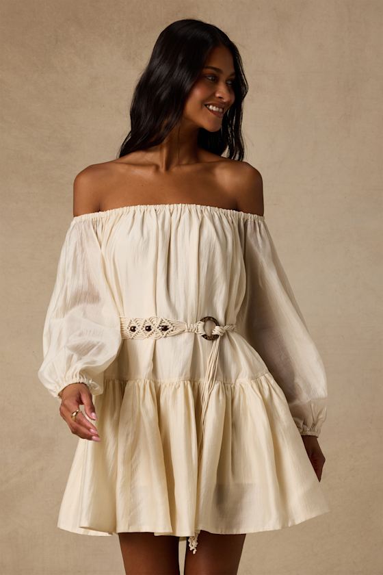 Ainsley Cream Off-the-Shoulder Belted Mini Dress