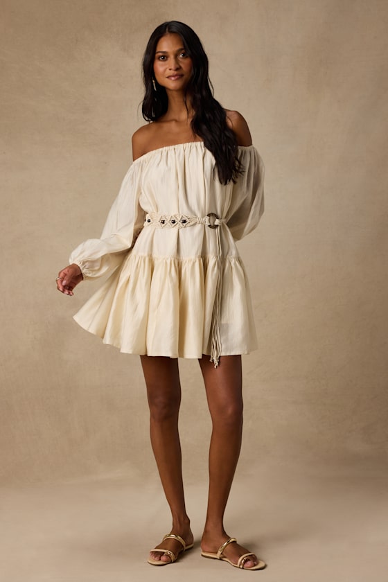 Ainsley Cream Off-the-Shoulder Belted Mini Dress